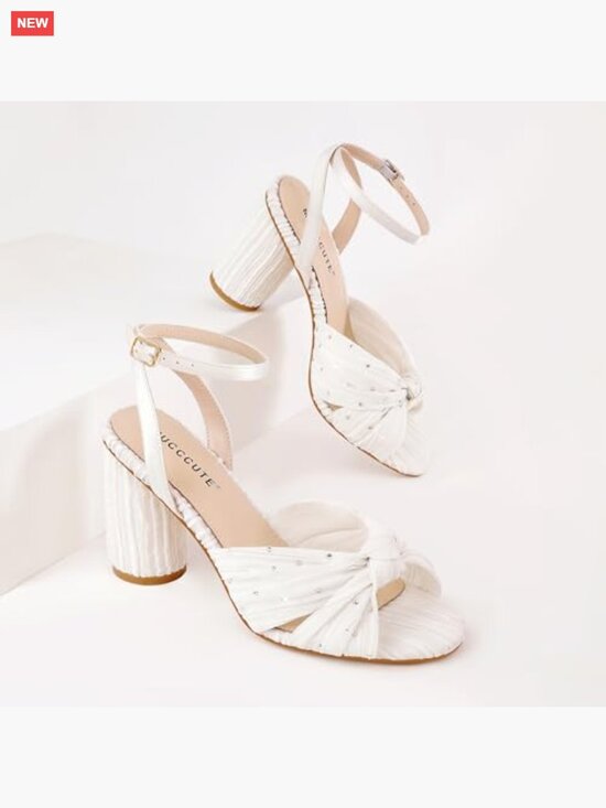 White Bow Knot Heeled Sandals Ankle Strap Chunky Block Heel Open Toe